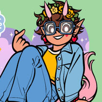 An elf with brown hair and a blue sweater. Wearing a necklace with the pansecual flag. Behind Them is the Cassflux and Genderfluid flags in a circle